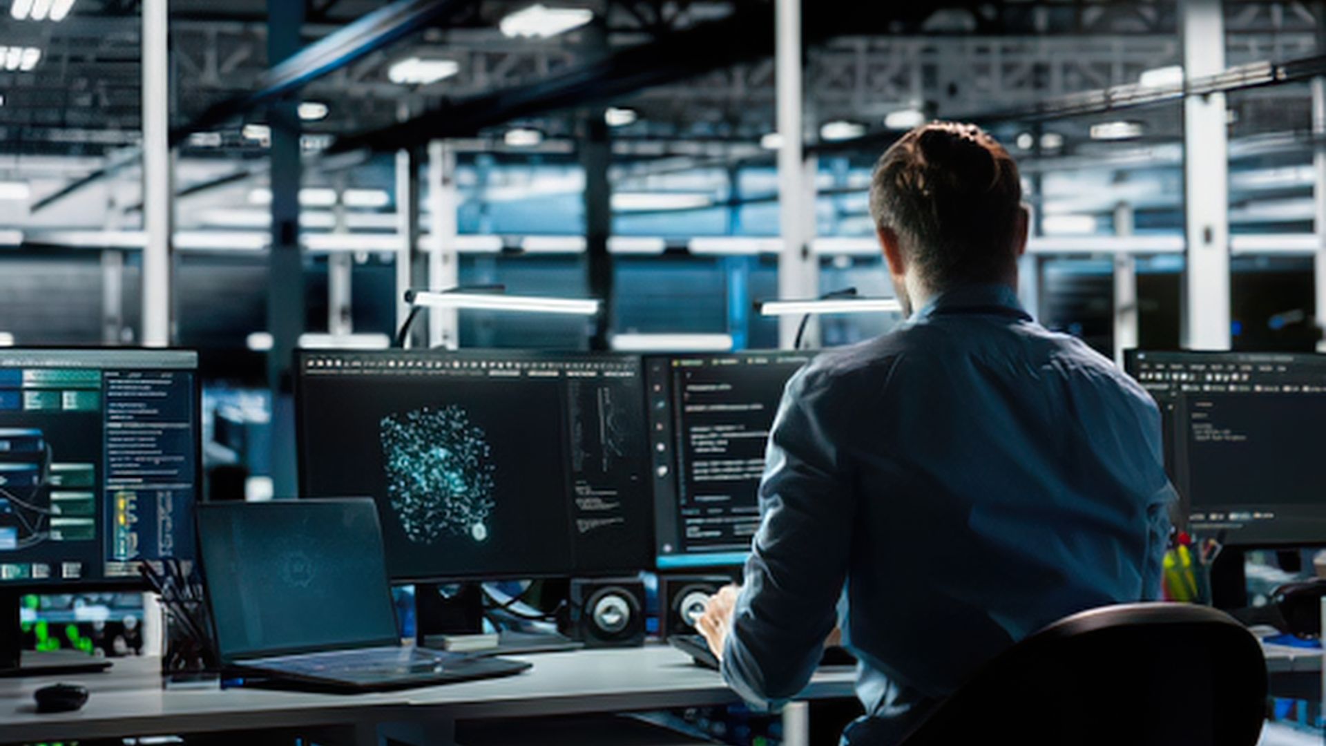 Auditoría de ciberseguridad en una pyme: técnico revisando los equipos de una oficina